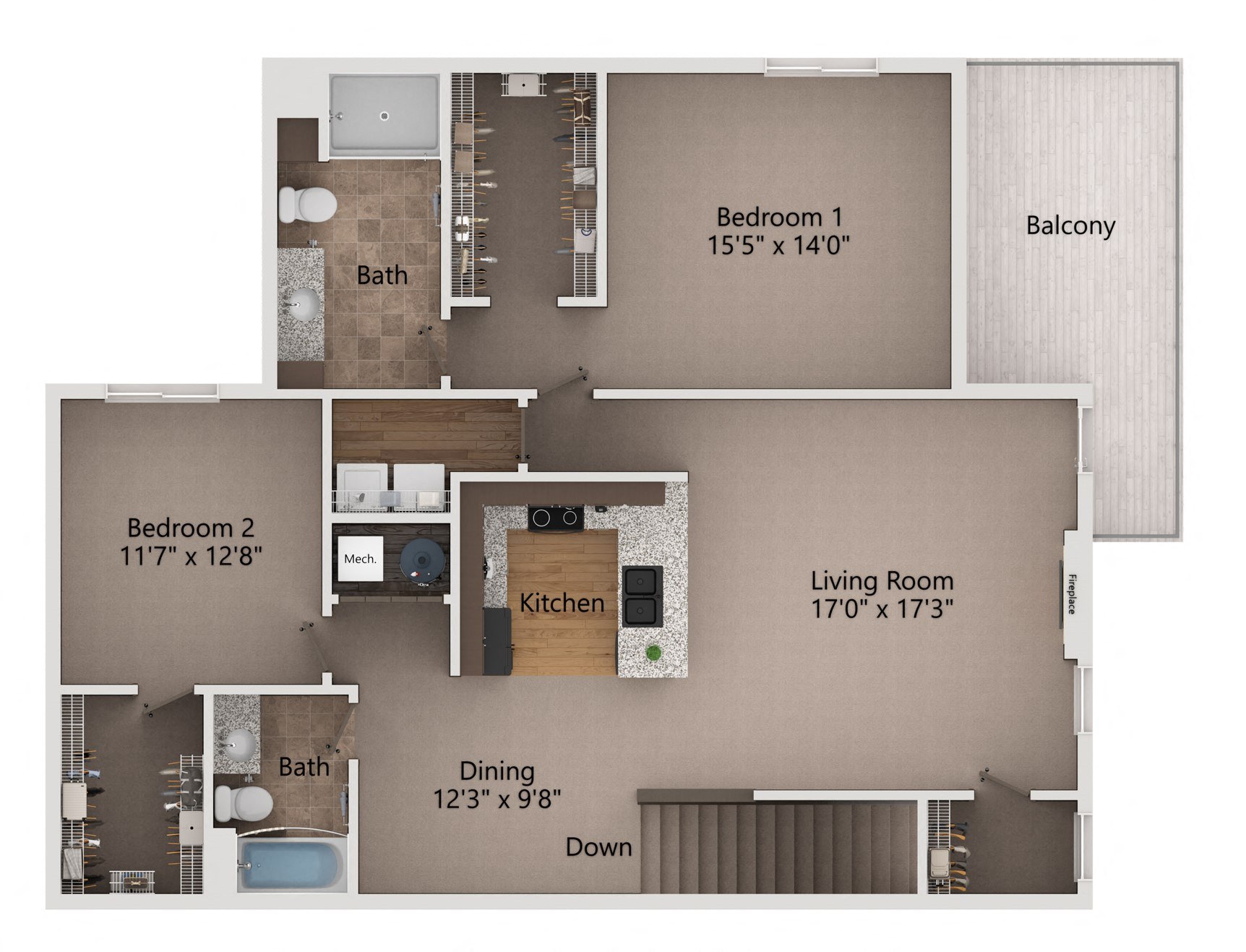 Floor plan for 2 beds, 2 baths, 1418 sqft